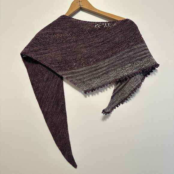 Hand Knit Wool Shawl Triangle Shawlette Purple Gray Hand Dyed Handmade Lace - Picture 6 of 8